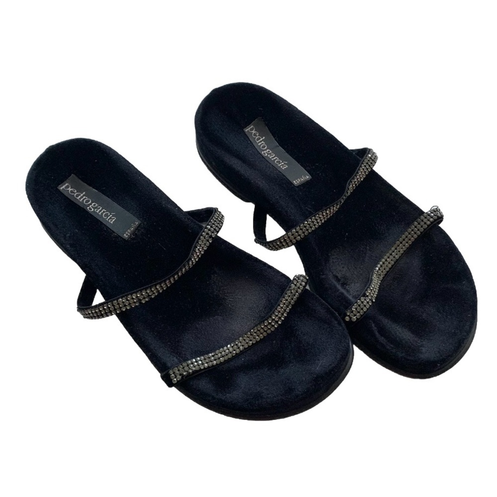 Pedro Garcia Spain Black Velour Rhinestones Slip on Sandals Sz 9 (39 EU)